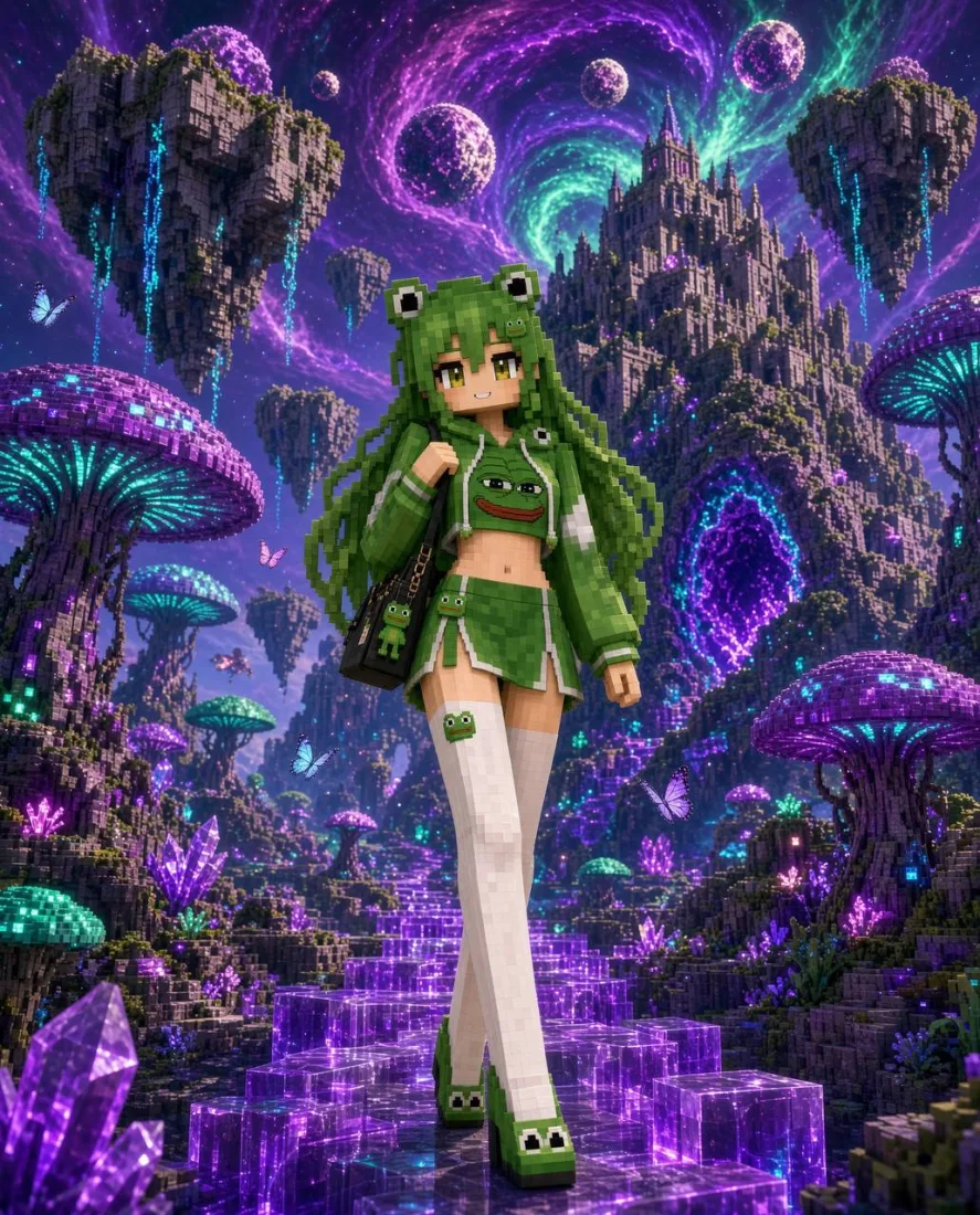 Pepe-Chan in a voxel realm